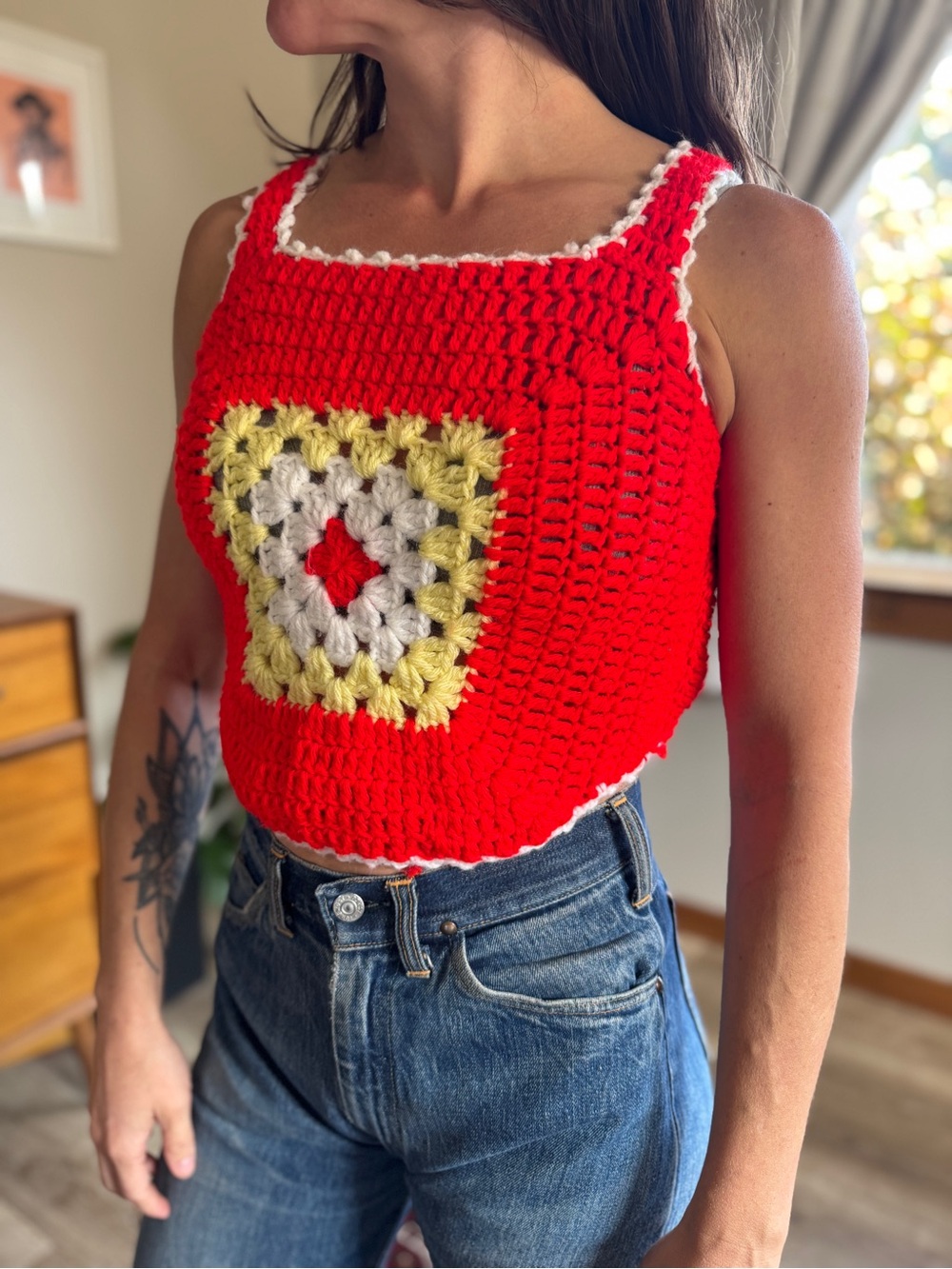 Handmade Crochet Granny Square Crop Top Red Yellow White